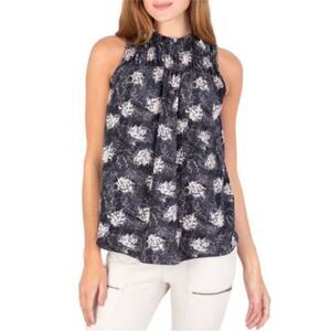 Joie Black and White Leaf Print Sleeveless Smocked Yoke Top | Size XXL